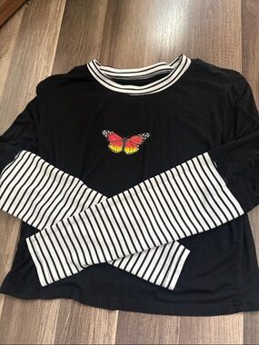 Black Layered-Look Long Sleeve Top with Red & Yellow Butterfly